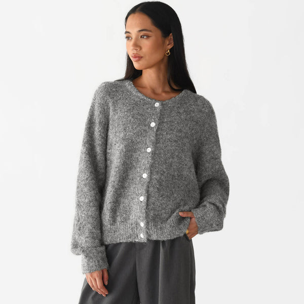Quiet Luxury Monochrome Crew Neck Button Up Long Sleeve Knit Cardigan