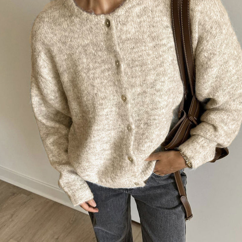 Quiet Luxury Monochrome Crew Neck Button Up Long Sleeve Knit Cardigan