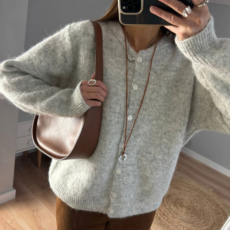 Quiet Luxury Monochrome Crew Neck Button Up Long Sleeve Knit Cardigan
