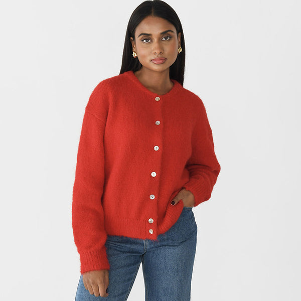 Quiet Luxury Monochrome Crew Neck Button Up Long Sleeve Knit Cardigan