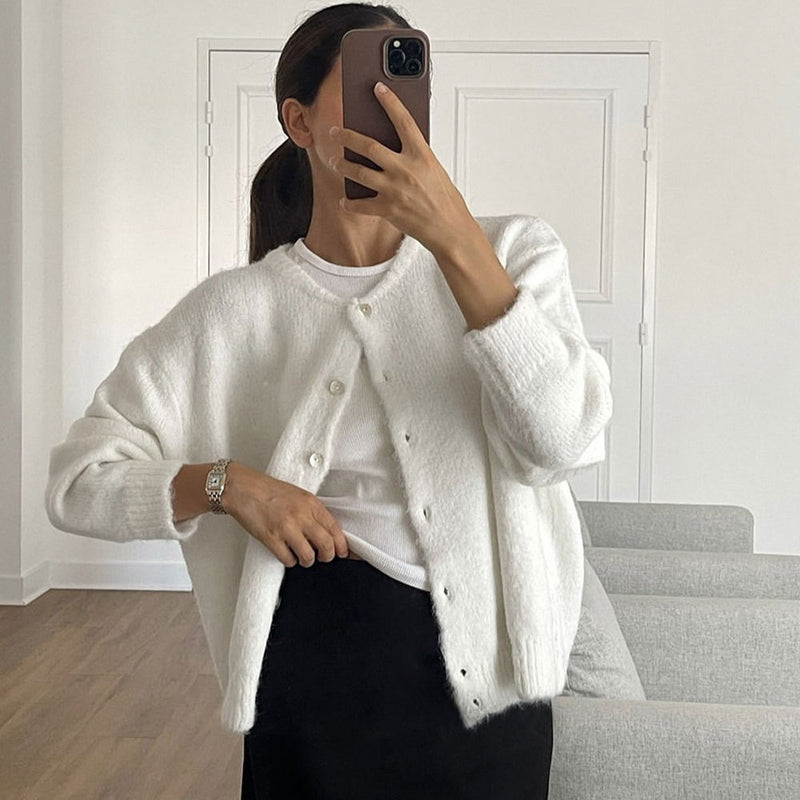 Quiet Luxury Monochrome Crew Neck Button Up Long Sleeve Knit Cardigan