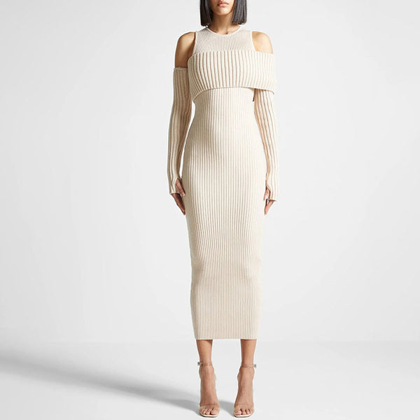 Quirky Ribbed Knit Contrast Gloved Tube Top Layered Bodycon Sweater Midi Dress