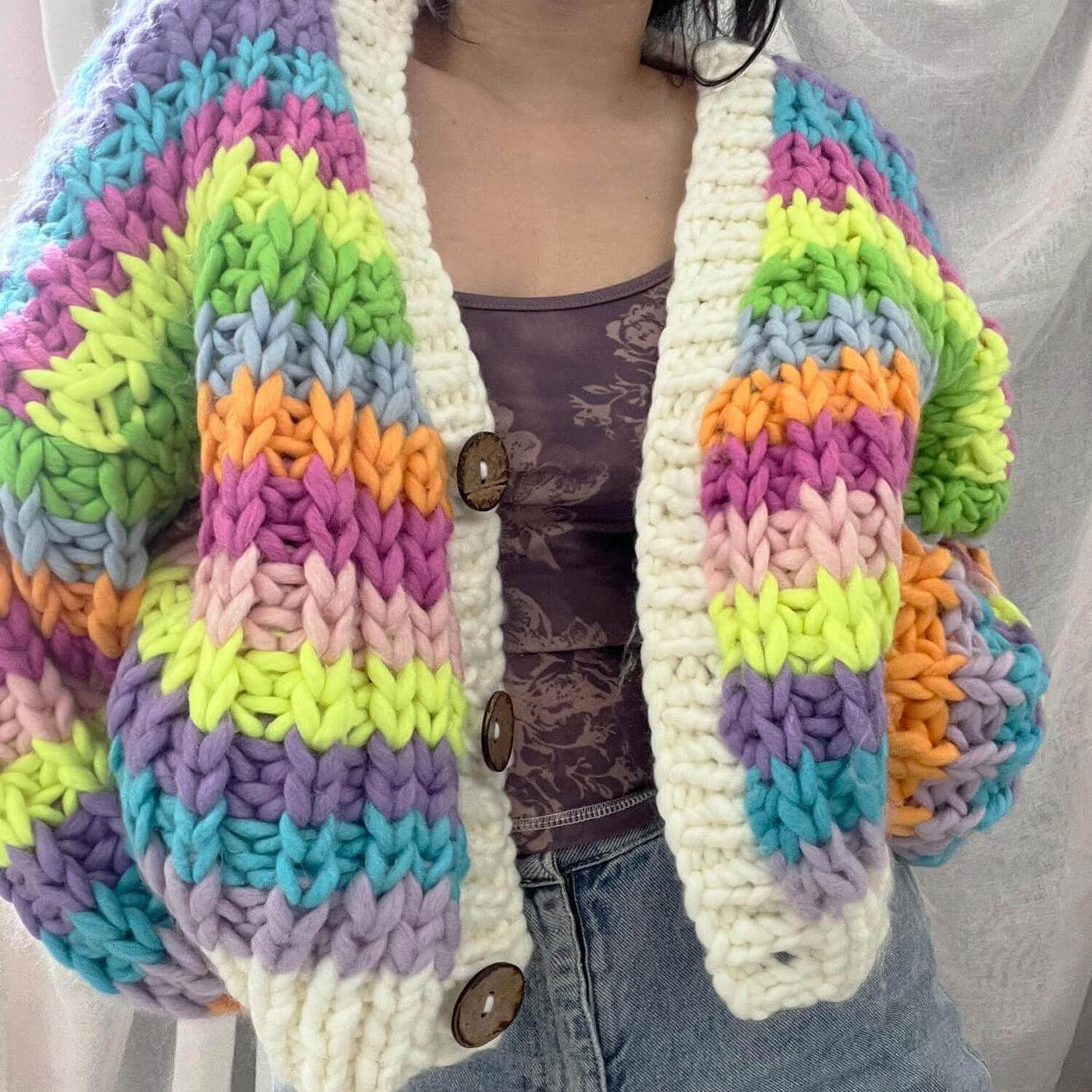 Rainbow Striped Deep V Neck Button Up Crochet Knit Oversized