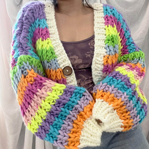 Rainbow Striped Deep V Neck Button Up Crochet Knit Oversized Chunky Yarn Cardigan
