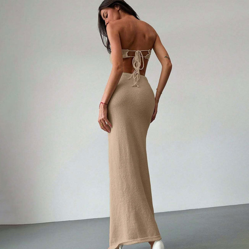 Resort 3D Flower Knit Tube Top and High Rise Maxi Skirt Matching Set