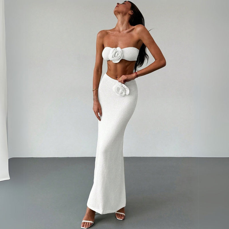 Resort 3D Flower Knit Tube Top and High Rise Maxi Skirt Matching Set