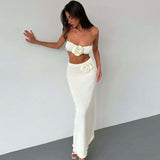 Resort 3D Flower Knit Tube Top and High Rise Maxi Skirt Matching Set