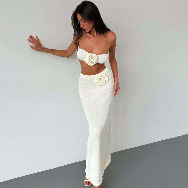 Resort 3D Flower Knit Tube Top and High Rise Maxi Skirt Matching Set