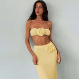 Resort 3D Flower Knit Tube Top and High Rise Maxi Skirt Matching Set