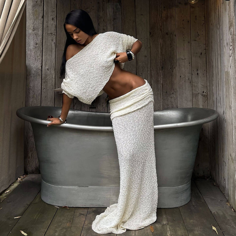 Resort One Shoulder Crop Knit Top and Foldover Maxi Knit Skirt Matching Set