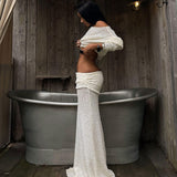 Resort One Shoulder Crop Knit Top and Foldover Maxi Knit Skirt Matching Set