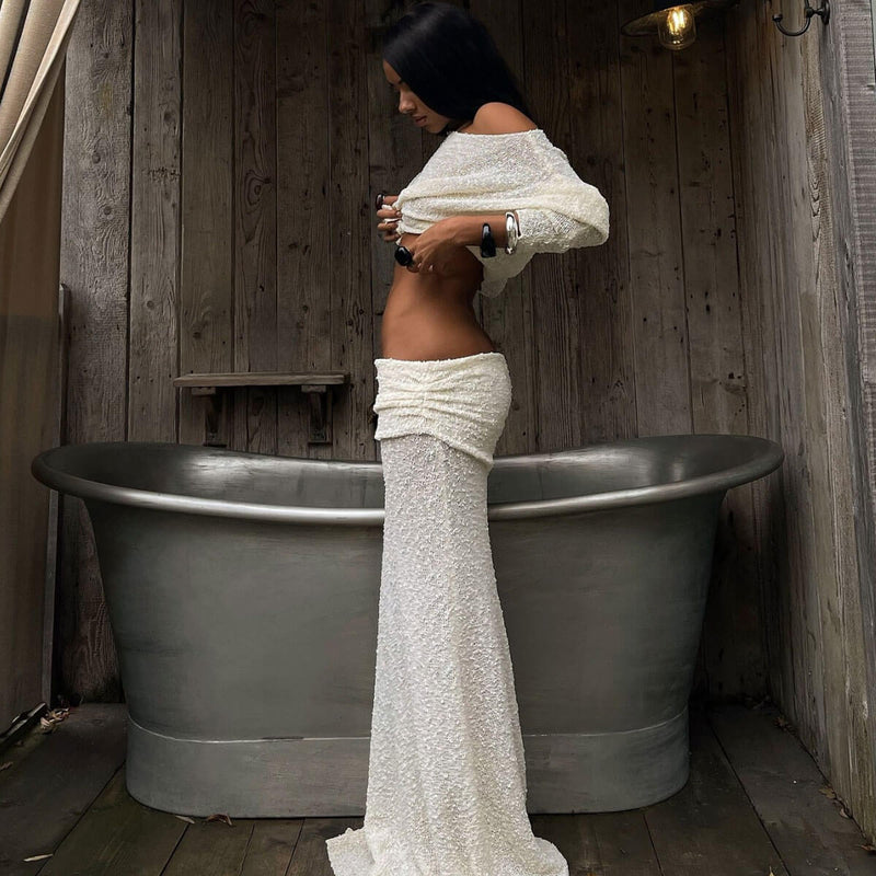 Resort One Shoulder Crop Knit Top and Foldover Maxi Knit Skirt Matching Set