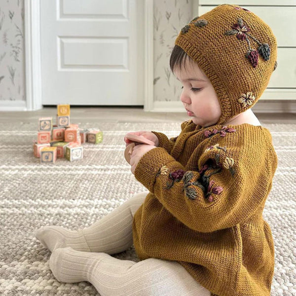 Retro 3D Floral Embroidery Woolen Blend Knit Baby Bonnet Hat