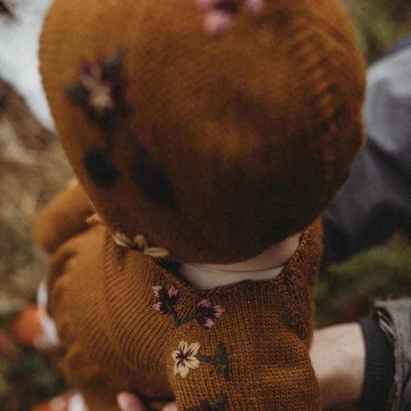 Retro 3D Floral Embroidery Woolen Blend Knit Baby Bonnet Hat