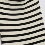 Retro Black and White Striped Print Strapless Ribbed Knit Bodycon Midi Dress