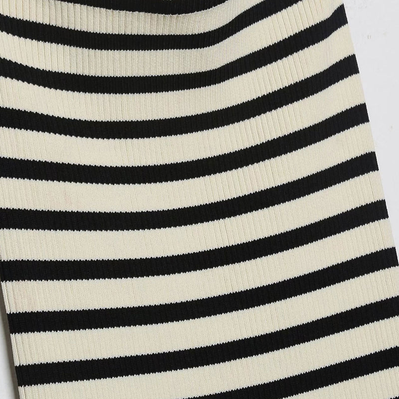 Retro Black and White Striped Print Strapless Ribbed Knit Bodycon Midi Dress