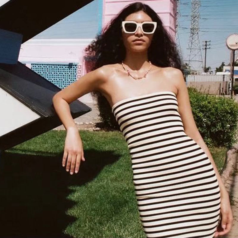 Retro Black and White Striped Print Strapless Ribbed Knit Bodycon Midi Dress