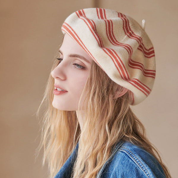 Retro Chic Contrast Color Striped Pattern Wool Blend Knit Beret Hat