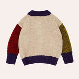 Retro Color Block Fuzzy Wool Blend Crew Neck Drop Shoulder Button Up Kids Cardigan
