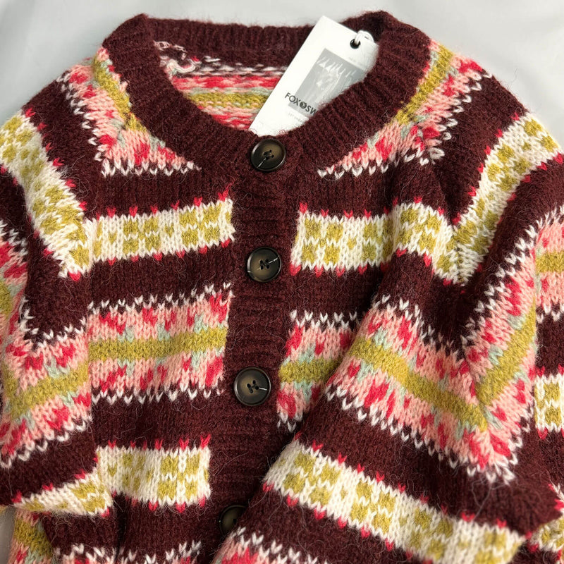 Retro Burgundy Fair Isle Striped Pattern Balloon Sleeve