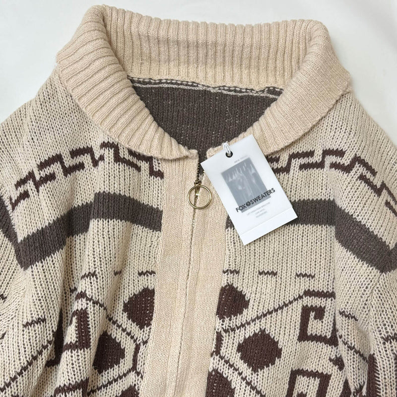 Retro Nordic Fair Isle Ribbed Knit Shawl Collar Winter Men Zip Up Cardigan