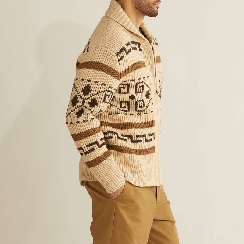 Retro Nordic Fair Isle Ribbed Knit Shawl Collar Winter Men