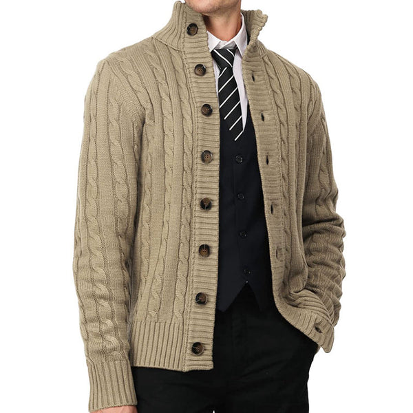 Retro Solid Color Cable Knit High Neck Long Sleeve Men Button Up Cardigan