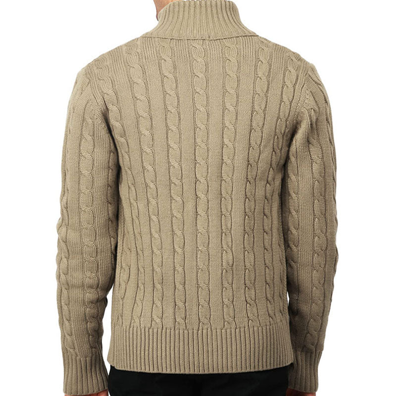 Retro Solid Color Cable Knit High Neck Long Sleeve Men Button Up Cardigan