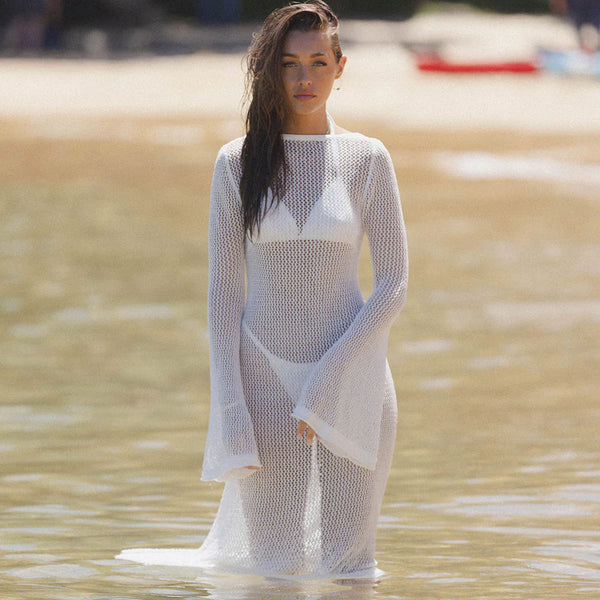 Sexy Boat Neck Bell Sleeve Fishtail Sheer Crochet Knit Cover Up Maxi Dress