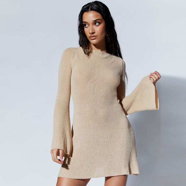 Sexy Boat Neck Flared Sleeve Tie Back Solid Color Mini Sweater Dress