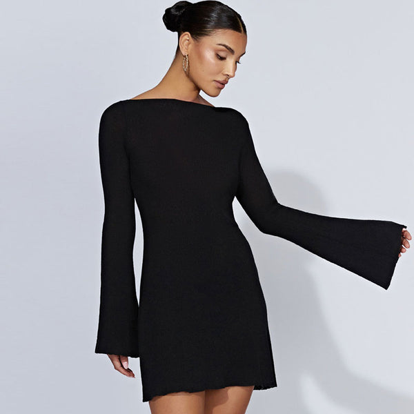 Sexy Boat Neck Flared Sleeve Tie Back Solid Color Mini Sweater Dress