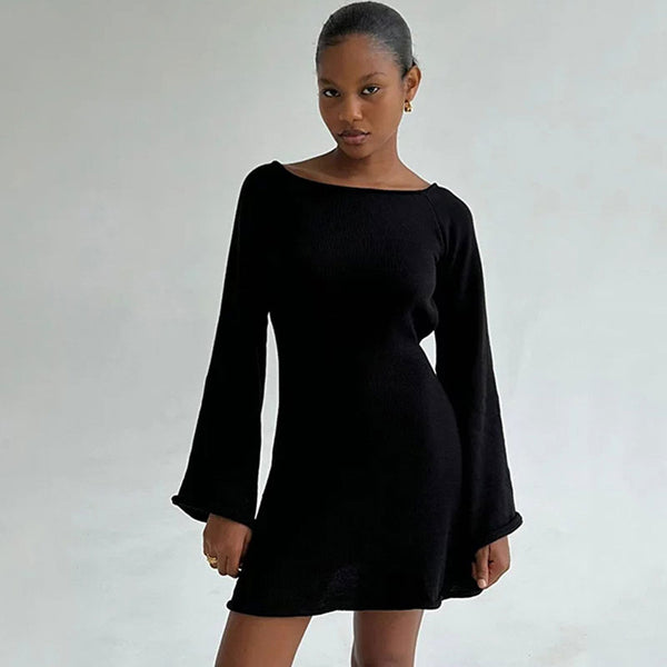 Sexy Boat Neck Roll Bell Sleeve Summer Bow Tie Backless Sweater Mini Dress