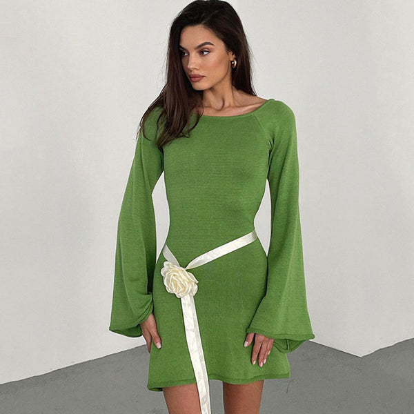 Sexy Boat Neck Roll Bell Sleeve Summer Bow Tie Backless Sweater Mini Dress