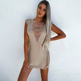 Sexy Boat Neck Semi Sheer Side Split Bodycon Ladder Knit Mini Tank Dress