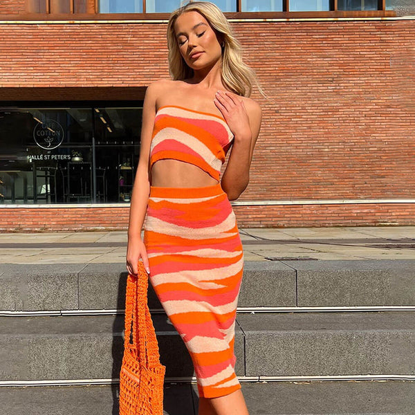 Sexy Contrast Abstract Stripe Print Crop Tube Top and Bodycon Midi Knit Skirt Matching Set