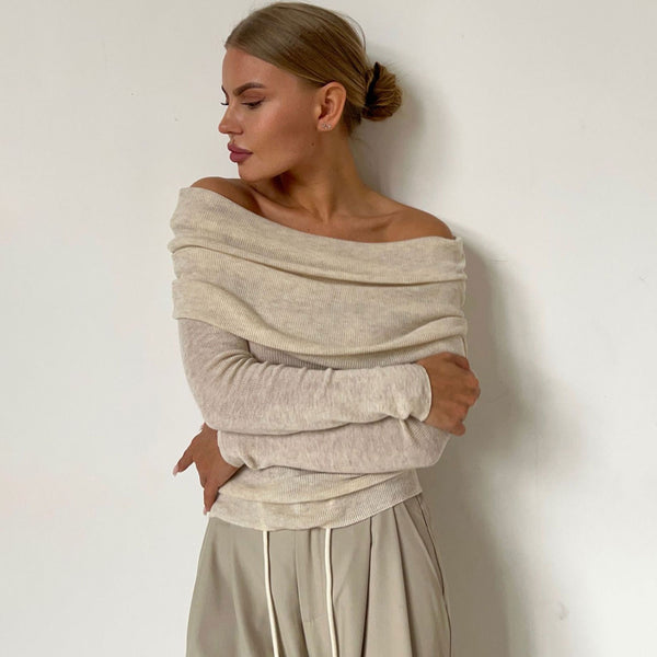 Sexy Draped Off The Shoulder Long Sleeve Wool Blend Semi Sheer Knit Sweater
