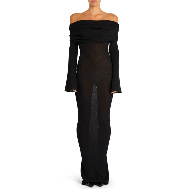Sexy Foldover Off Shoulder Long Sleeve Bodycon Rib Knit Sheer Maxi Dress