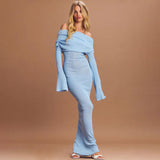 Sexy Foldover Off Shoulder Long Sleeve Bodycon Rib Knit Sheer Maxi Dress