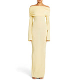 Sexy Foldover Off Shoulder Long Sleeve Bodycon Rib Knit Sheer Maxi Dress