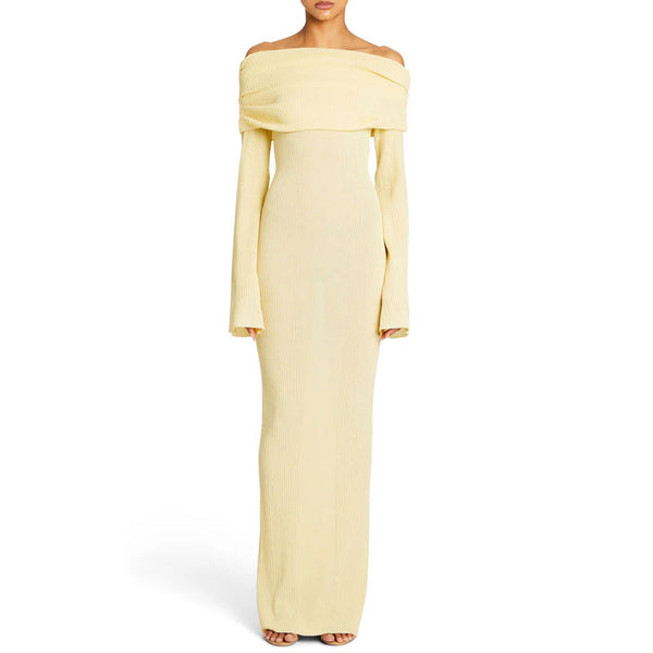 Sexy Foldover Off Shoulder Long Sleeve Bodycon Rib Knit Sheer Maxi Dress