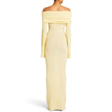 Sexy Foldover Off Shoulder Long Sleeve Bodycon Rib Knit Sheer Maxi Dress