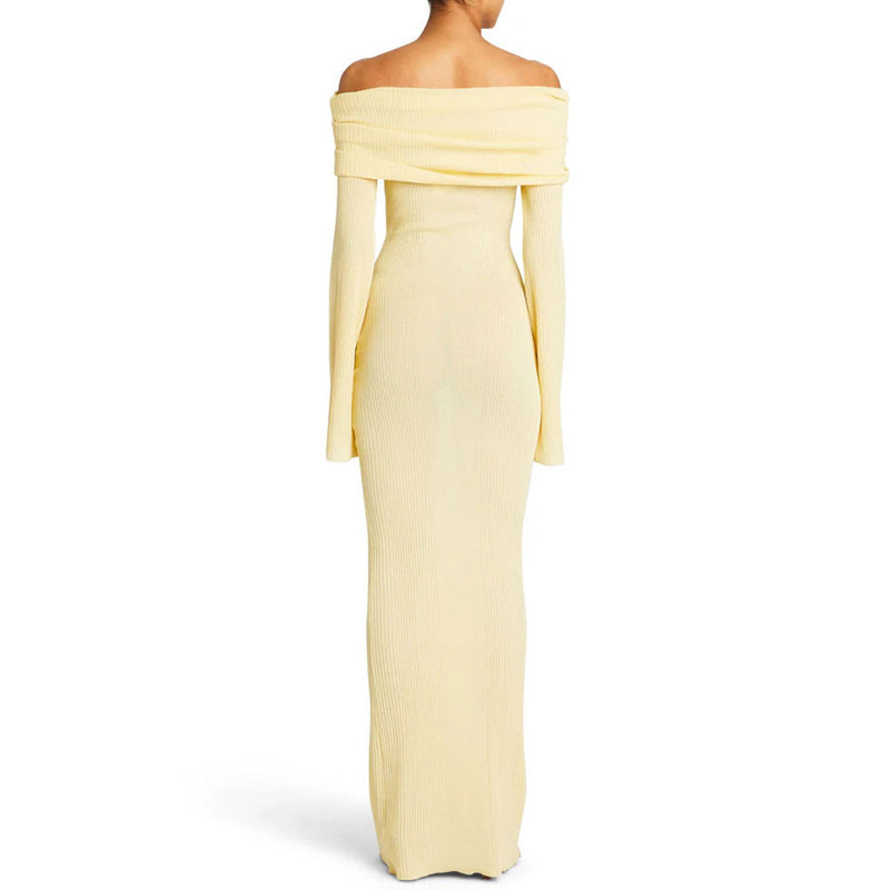 Sexy Foldover Off Shoulder Long Sleeve Bodycon Rib Knit Sheer Maxi Dress