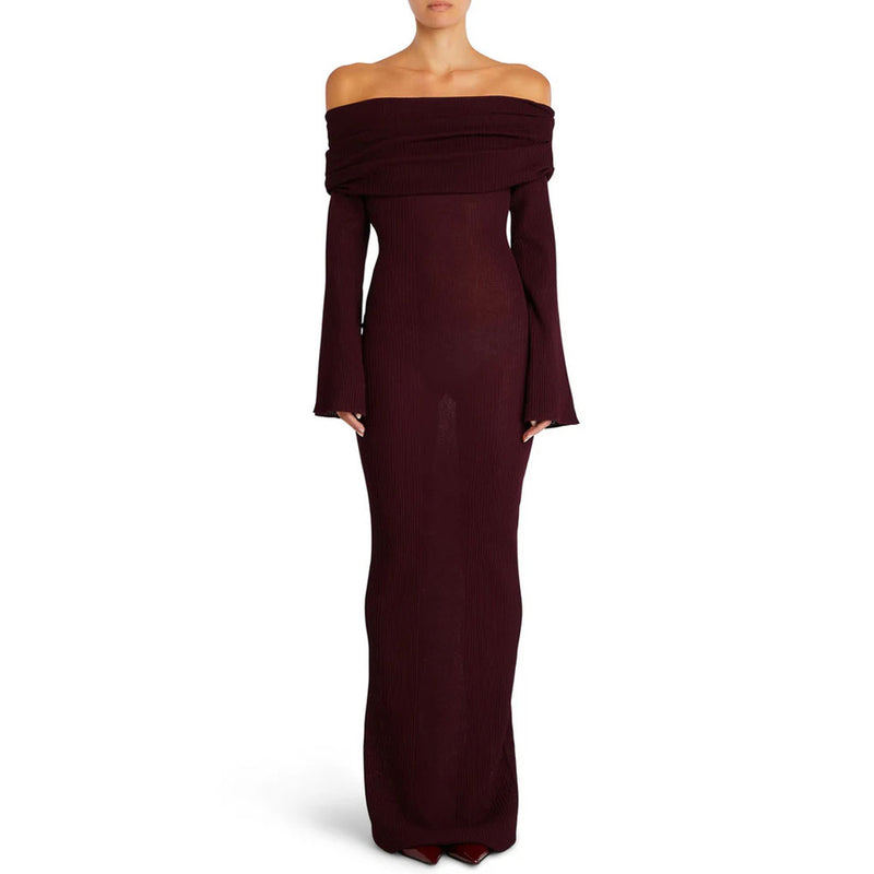 Sexy Foldover Off Shoulder Long Sleeve Bodycon Rib Knit Sheer Maxi Dress