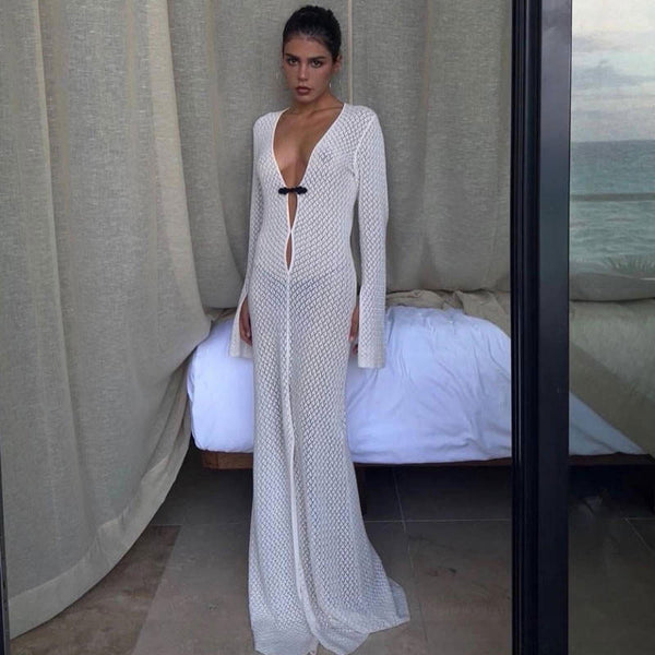 Sexy Keyhole Cutout Plunging Neck Long Sleeve Split Maxi White Cover Up Dress