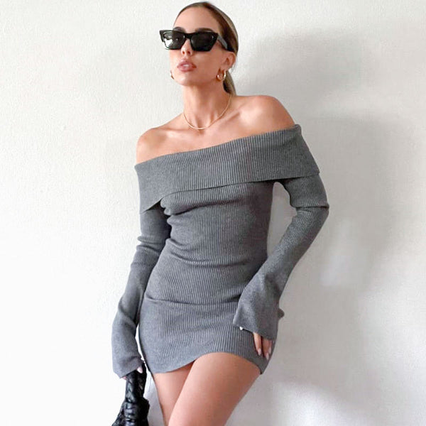 Sexy Off The Shoulder Folded Collar Long Sleeve Bodycon Ribbed Knit Mini Dress