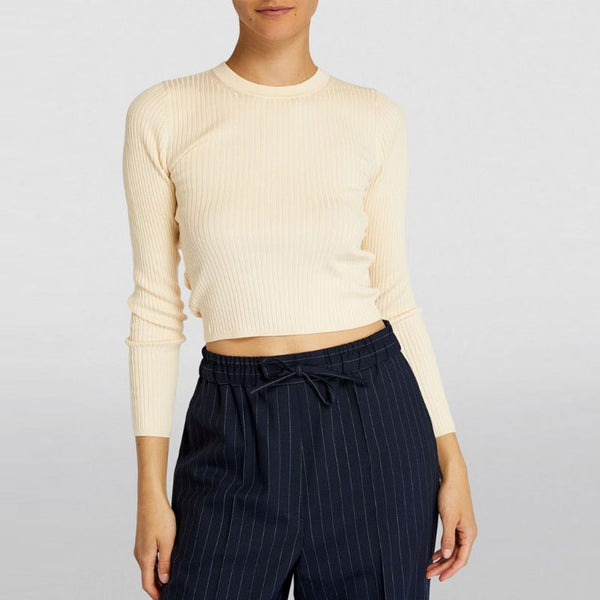Sexy Ruched Open Back Crew Neck Long Sleeve Apricot Rib Knit Fitted Crop Top