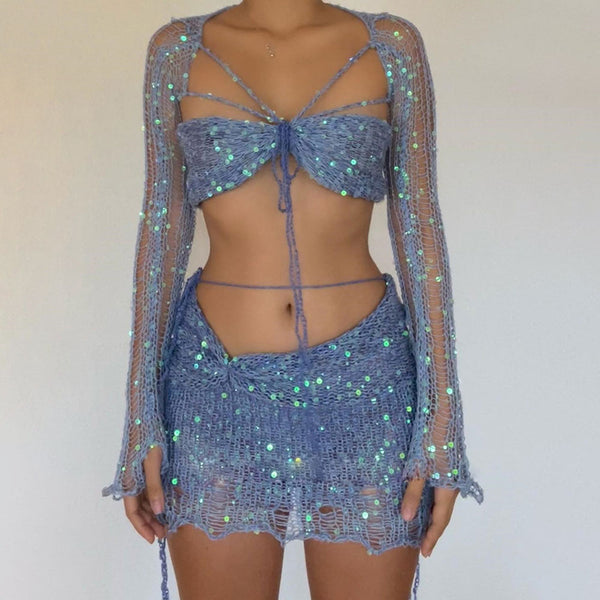 Sexy Sequin Ripped Crochet Knit Shrug Bra Top and Low Rise Skirt Matching Set
