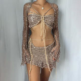 Sexy Sequin Ripped Crochet Knit Shrug Bra Top and Low Rise Skirt Matching Set
