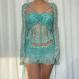 Sexy Sequin Ripped Crochet Knit Shrug Tube Top and Low Rise Skirt Matching Set