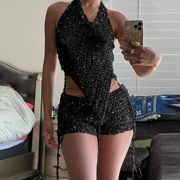 Sexy Sequin Sheer Knit Balaclava Hood and Halter Backless Crop Top and Knit Shorts Matching Set